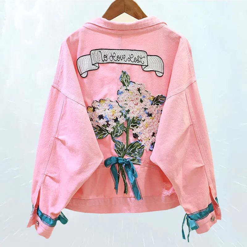 2019 Весенняя осенняя куртка для женщин яркая расшитая джинсовая короткая с бантом