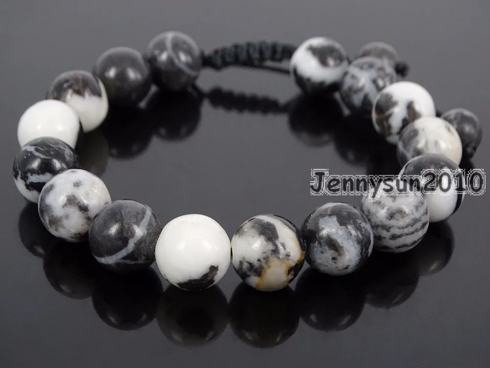 

Handmade 10mm Adjustable Natural Black and White Zebra Gems Stone Round Beads Bracelet Healing Reiki 5 Strands/Pack