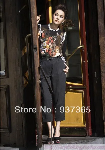 Free Shipping 2013 Autumn New Women runway fashion vintage style Retro angel painting print lady casual silk lace blouse shirt |