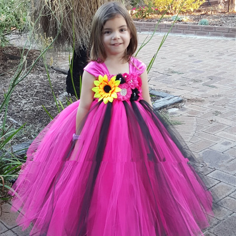 Black &amp Hot Pink Flower Girl Tutu Dress Handmade Princess Tulle Kids Girls Wedding Party Dresses for Ball Gown | Детская одежда и
