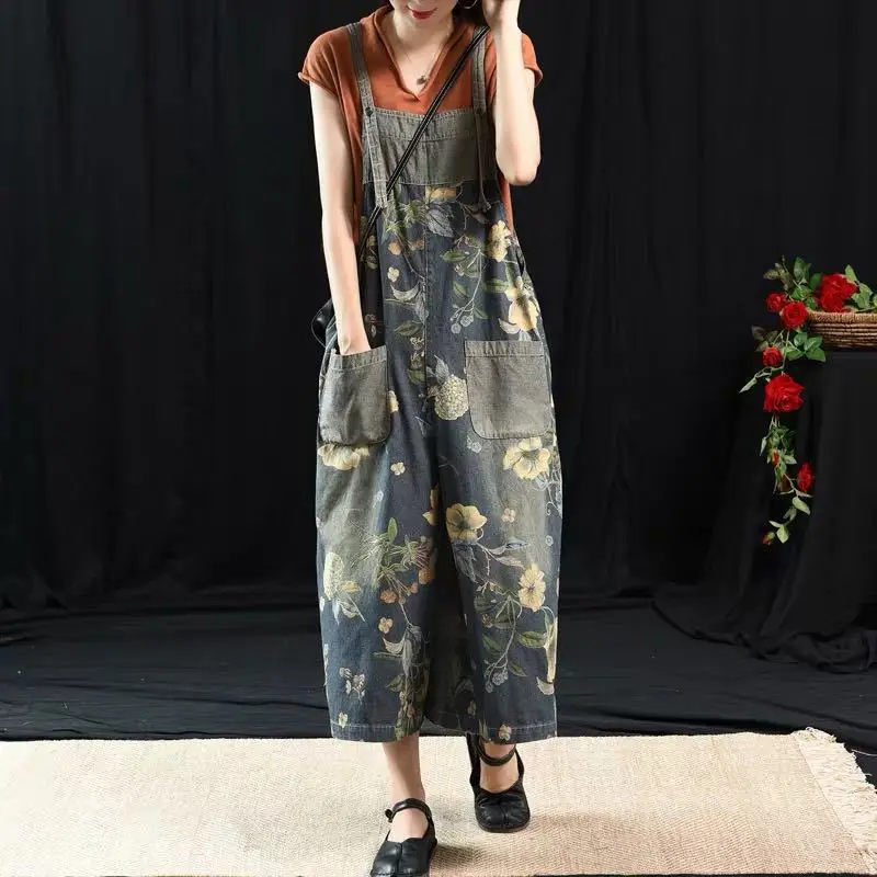 Летний джинсовый комбинезон для женщин с цветочным принтом Свободный широкими