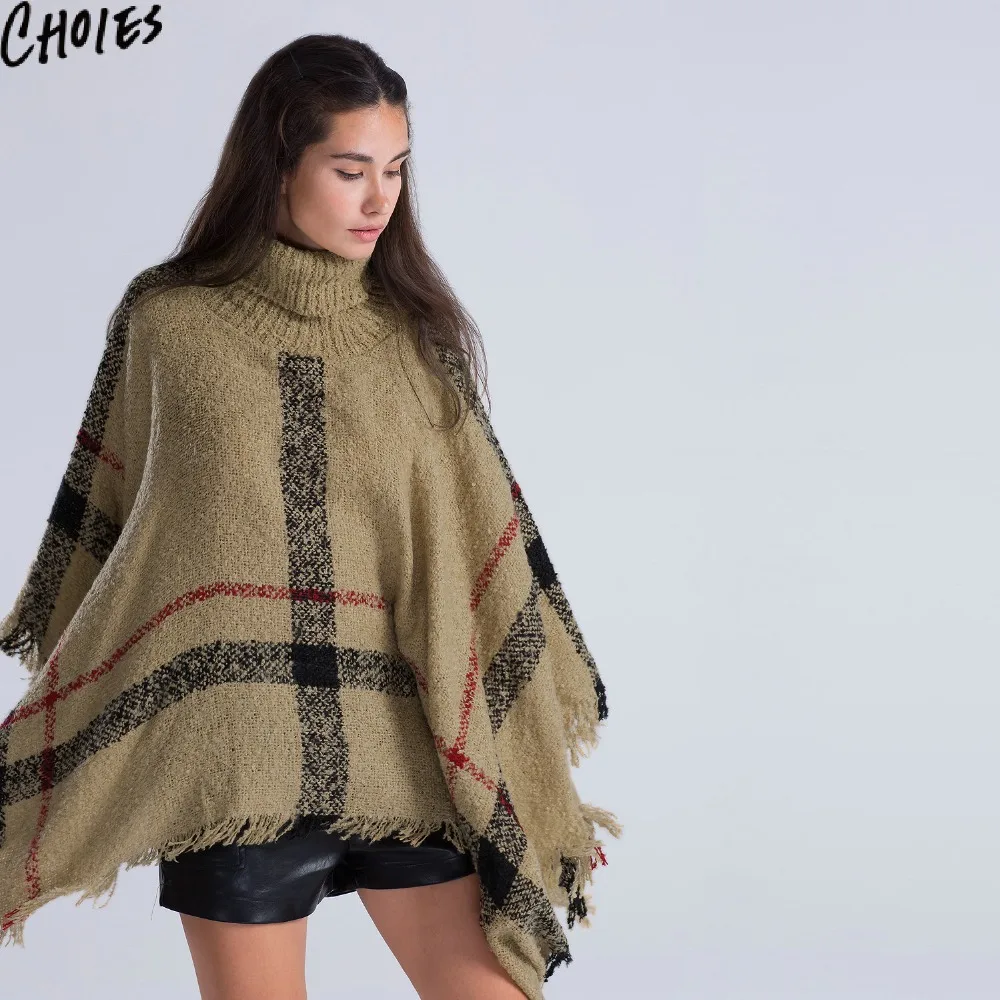 Женский желтый свитер с высоким воротом клетчатый бахромой свободное винтажное