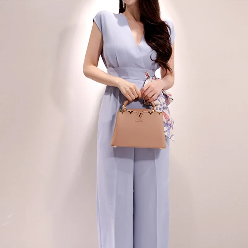 Female Large Size Solid Elegant Loose V-neck Short Sleeve Jumpsuit Summer 2022 Trousers Women Casual Long Pants with Sashes