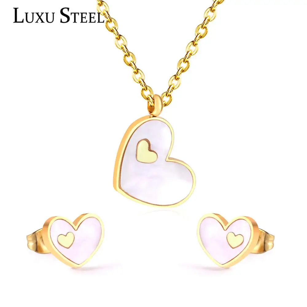 

LUXUSTEEL Best Friend Gift Heart White/Black Shell Pendant Necklace Earring Sets Gold Color Choker Collars Collier Female