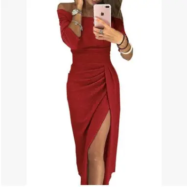 Glitter Dresses 2019 Women Elegant Party Dress Female Shiny Slash Neck Ruched Thigh Slit Sexy Club Wrist Sleeve Vestidos | Женская