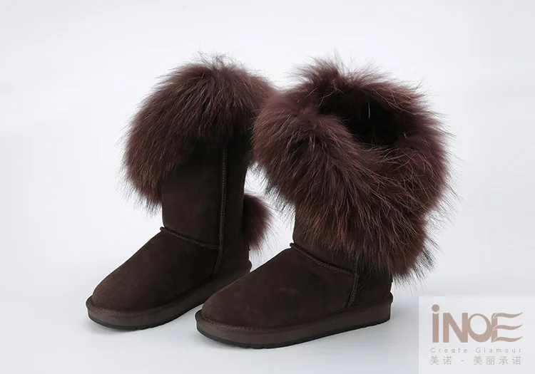 INOE/модные женские зимние сапоги; зимние сапоги из натуральной коровьей замши с лисьим мехом; Цвет черный, коричневый; высокое качество; нескользящие