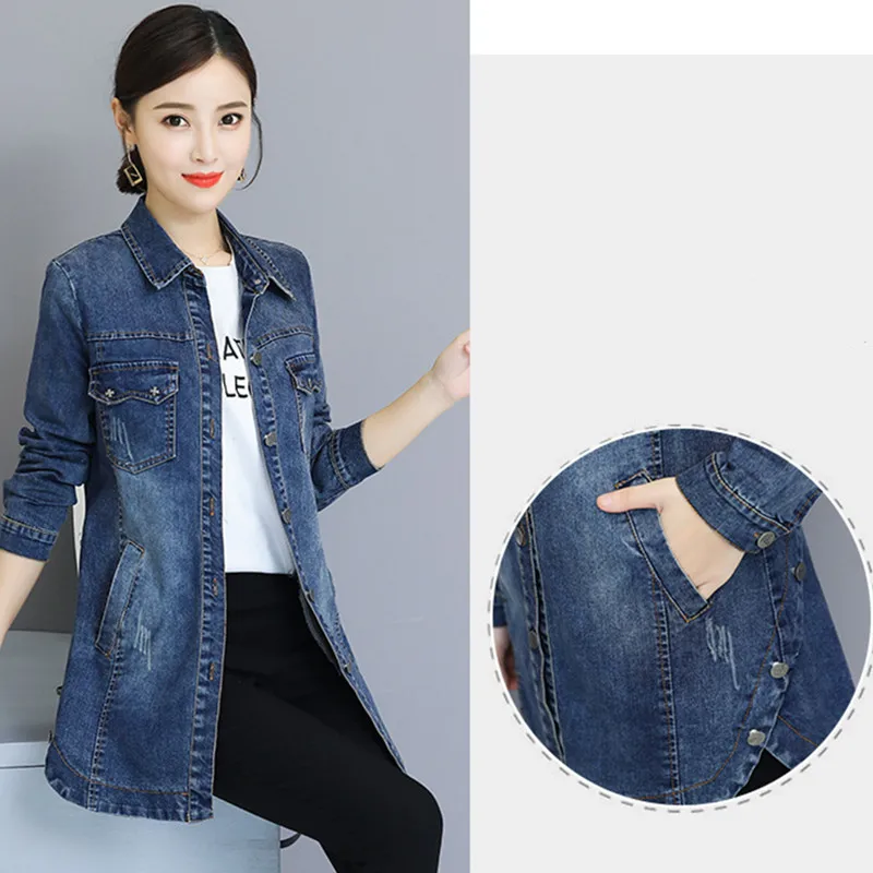 2019 Basic Long Jeans Coats Women Slim Ripped Denim Jacket Femme Elegant Vintage Frayed Jackets Outwear Casacos Feminino Clothes | Женская