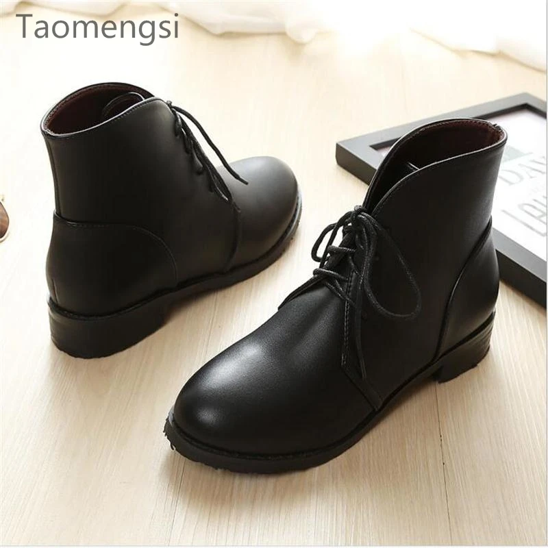 Taomengsi Women's Boots Brown Plus Velvet Thickening Martin Front Strap Lace-Up Round Toe Ladies black ZE33-43 | Обувь