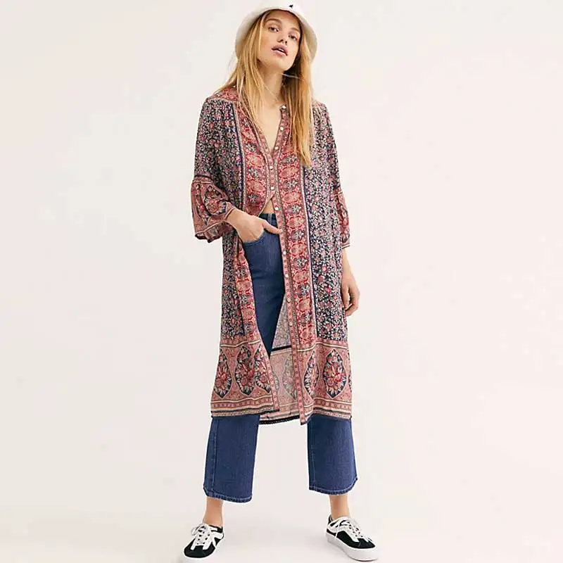 Богемный Вдохновленный пляжное кимоно пуговицы спереди boho длинный дизайн