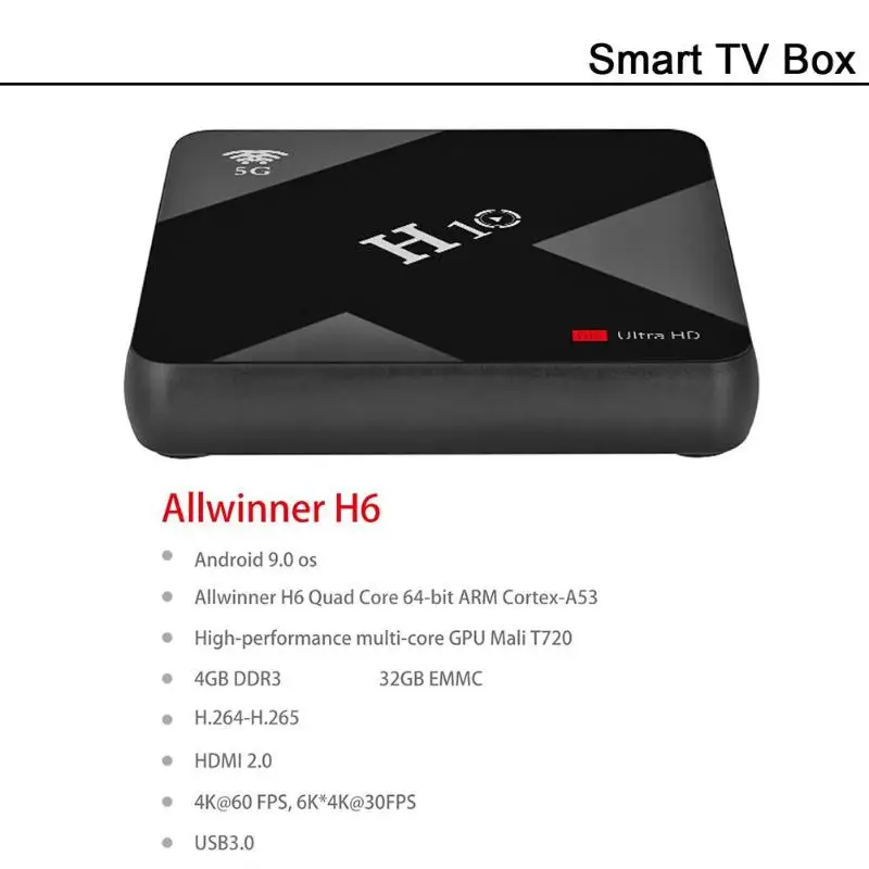 H10 Смарт ТВ приставка Android 9,0 ТВ приставка 4 Гб ОЗУ 32 Гб 64 Гб ПЗУ 6K USB3.0 Allwinner H6 Cortexa53 телеприставка Поддержка 5G сети