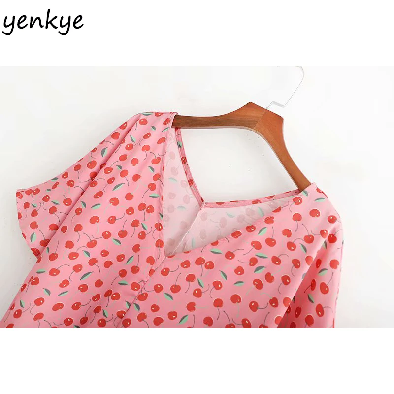 Женское Вишневое платье с принтом Femme V Шея коротким рукавом праздничное летнее