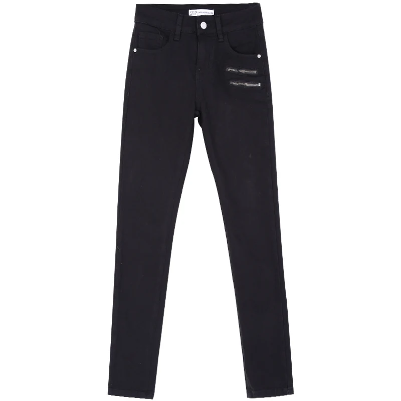 Новые осенние черные джинсы поддельные молнии 70% хлопок середины талии плюс