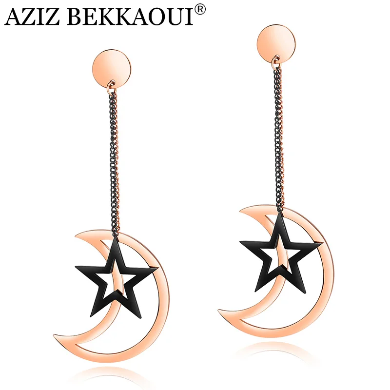 Женские серьги с Луной и звездой AZIZ BEKKAOUI длинные из розового золота женские