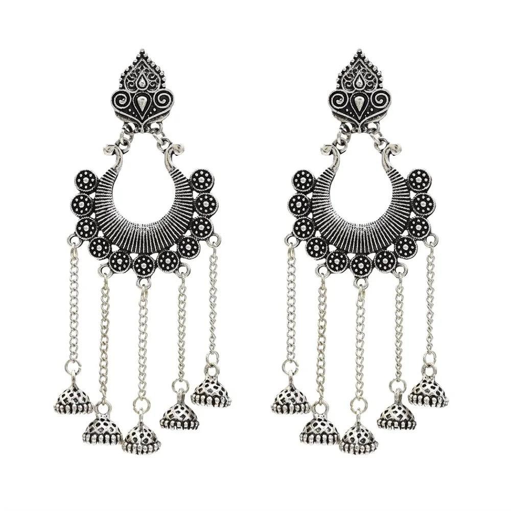 Индийские окисленные серебряные Висячие серьги для женщин Boho Jhumka резной цветок жемчуг бусина Эффектные серьги ювелирные изделия из турецкой турки