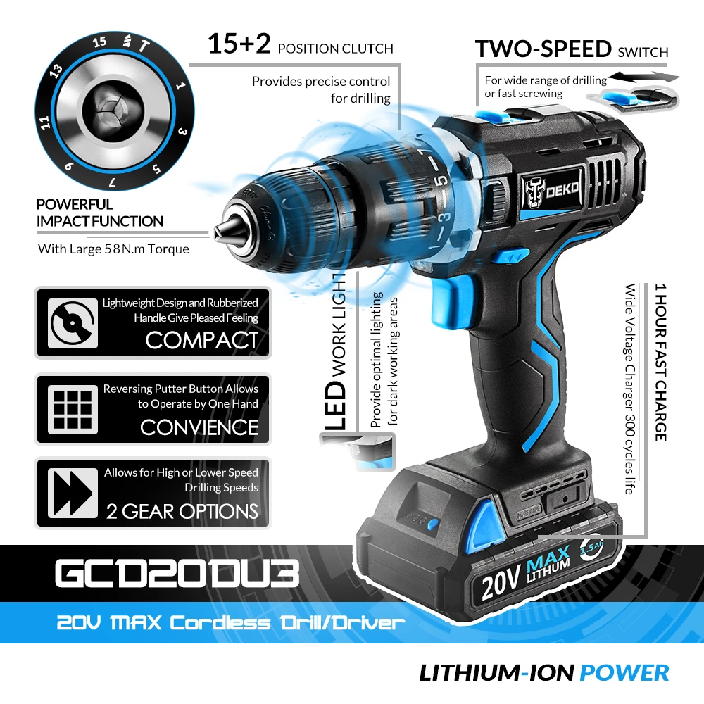 DEKO GCD20DU серия 20V Max DC литий ионный аккумулятор 13 мм 2 скорости Электрическая