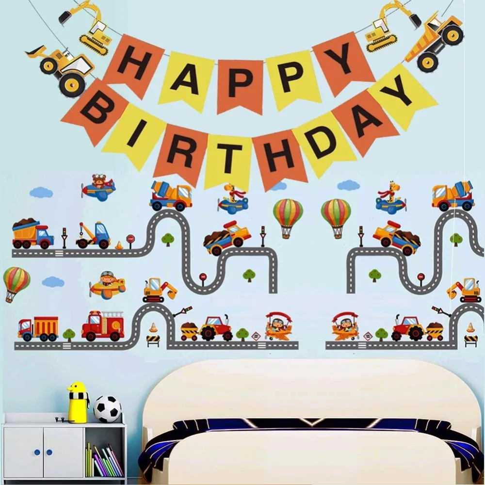 

Construction Vehicle Happy Birthday Banner Excavator Bulldozer Truck Paper String flags Bunting for kids birthday Party Decor