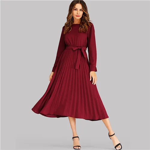 Burgundy Sheinside, бордовое, с завязками, элегантное плиссированное платье, с длинным рукавом, женские платья, женские, вечерние, ночные,, для девушек, ТРАПЕЦИЕВИДНОЕ, одноцветное, длинное платье - Цвет: Burgundy