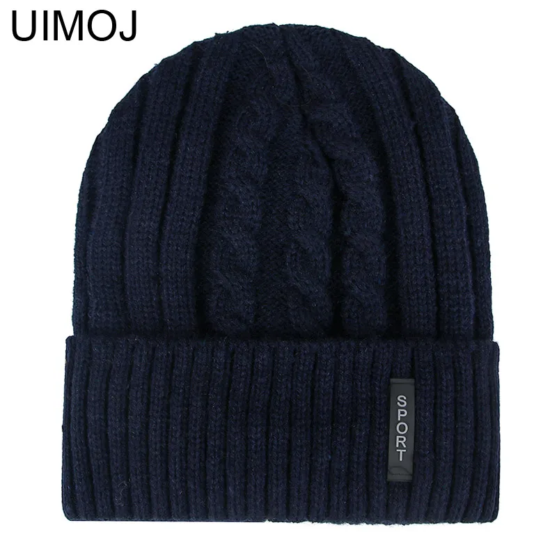 BLUE UIMOJ осень зима мужские вязаные шапки уличные спортивные шапочки повседневные теплые шапки - Цвет: BLUE