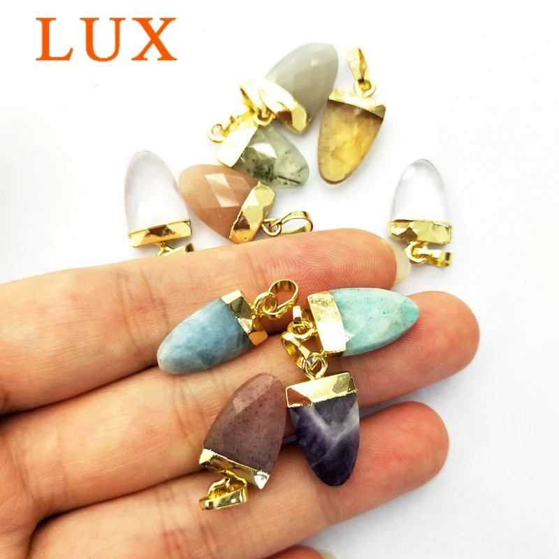 LUX Natural Gem stone Charm White quartz Labradorites Amazonites amethysts Tiny shield Faceted Pendant with Gold color Plated | Украшения и