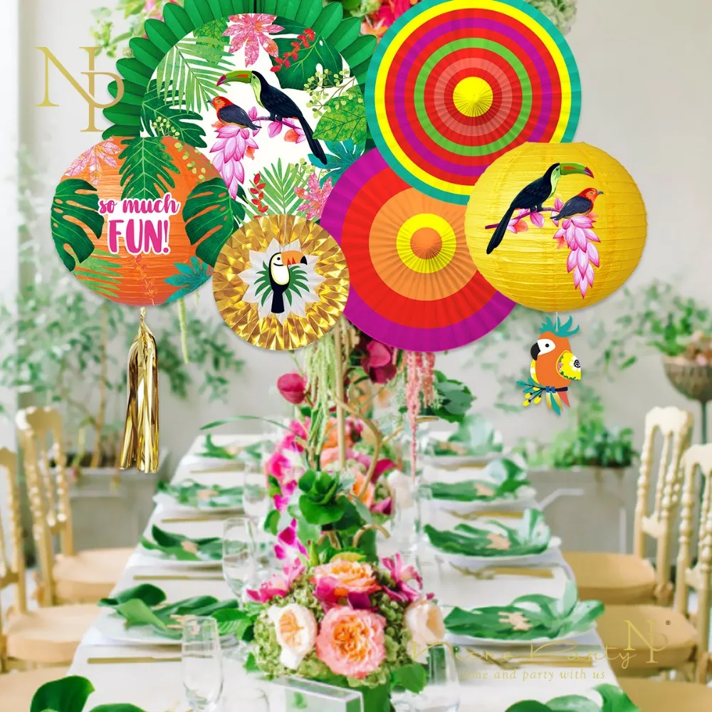 

Nicro 2020 New Hawaii Spring Summer Parrot Paper Lantern Fans Birthday Graduation Party Decoration DIY Decor Home #Set65