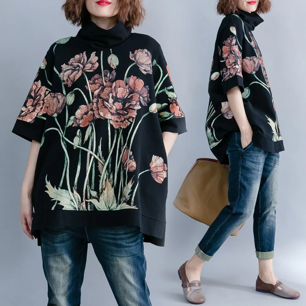 

Women Hoodies Sweatshirts Oversize Tops Black Female Turtleneck Pullover Autumn Thinken Cotton Loose 2021 Print Floral AA4405