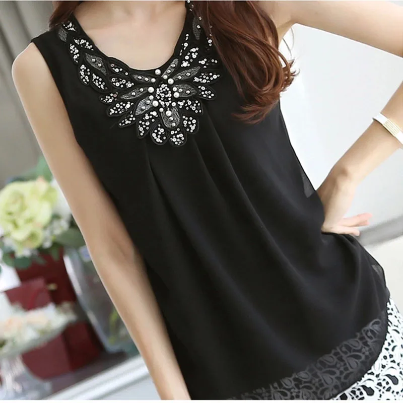 Женская шифоновая блузка белая без рукавов лето 2018 размера плюс |