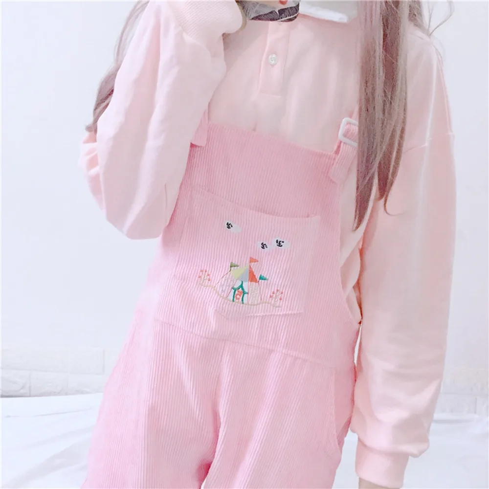 Весенние модные вельветовые Комбинезоны женские японские kawaii Мультфильм нагрудник карманы розовый комбинезоны милый повседневный комбинезон винтажные брюки