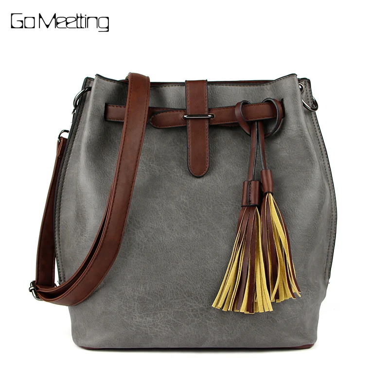 Go Meetting кисточкой Для женщин сумка ведро Винтаж PU кожаные женские сумки Bolsas femininas