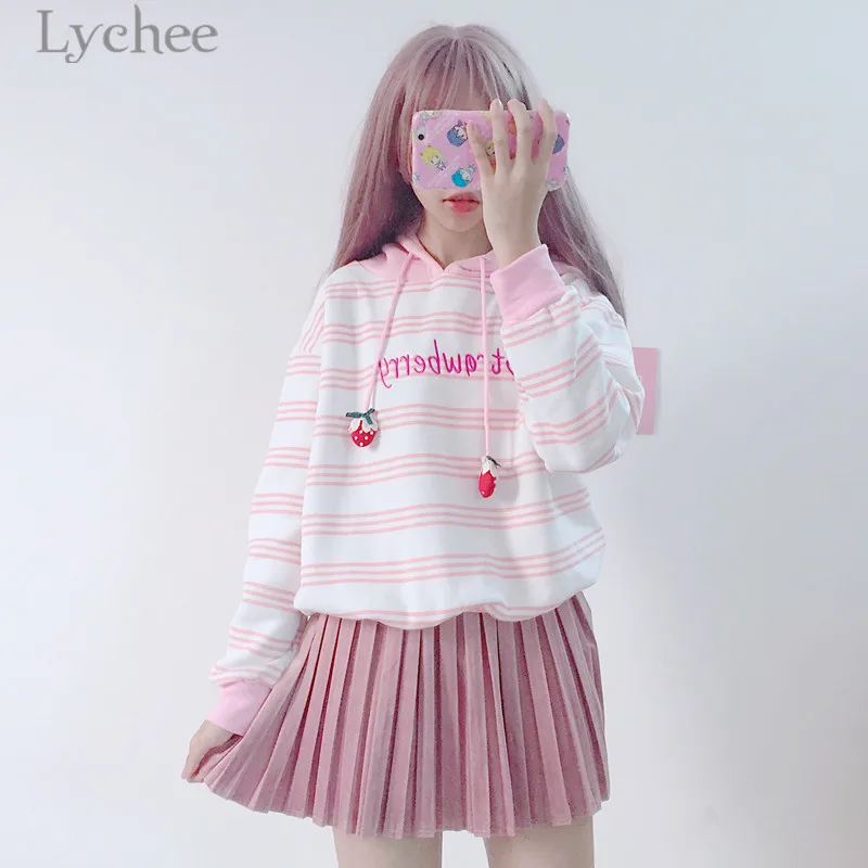 Lychee Сладкий Клубника вышивка в полоску толстовка с капюшоном осень зима флис с длинным рукавом повседневные свободные толстовки пуловеры