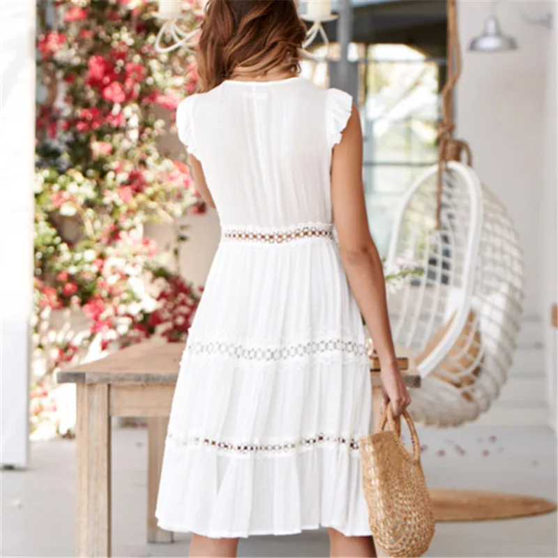 Женское богемное пляжное платье средней длины повседневное элегантное белое в