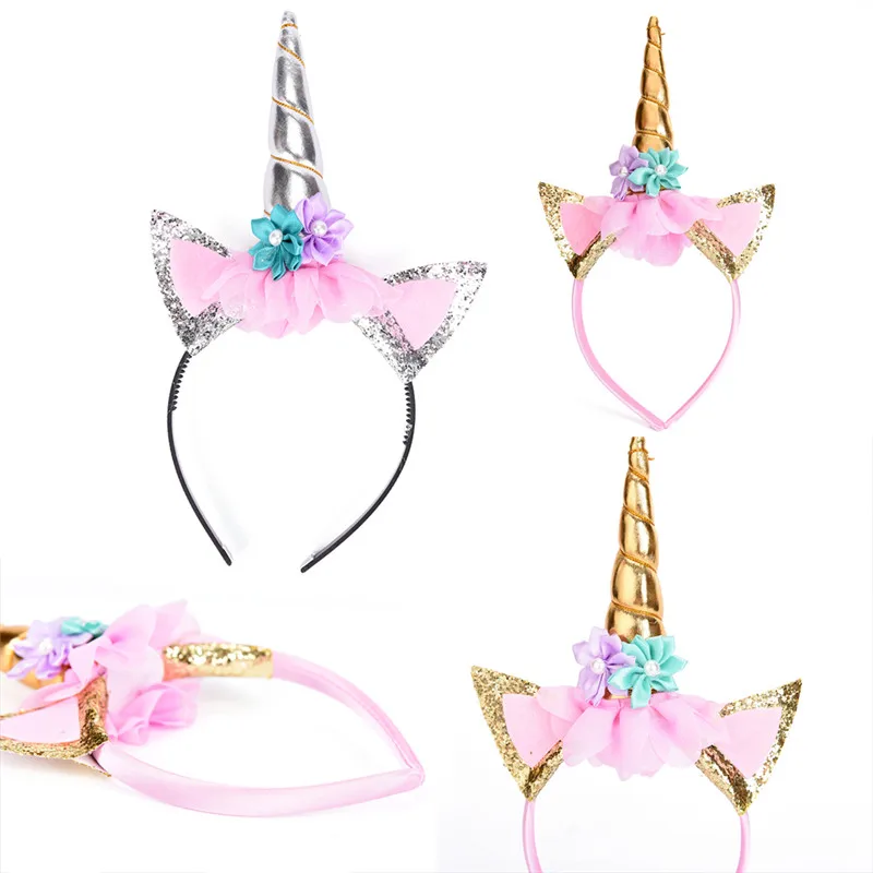 Child Cat Ear Headband Tiara Glitter Metallic Rainbow Bowknot Unicorn Horn With Flowers Hair Hoop Party Gift For Kids |