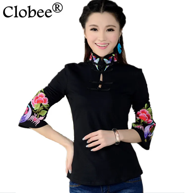 Фото Рубашка в китайском стиле для женщин 2018 Весенняя Этническая черно белая блузка с