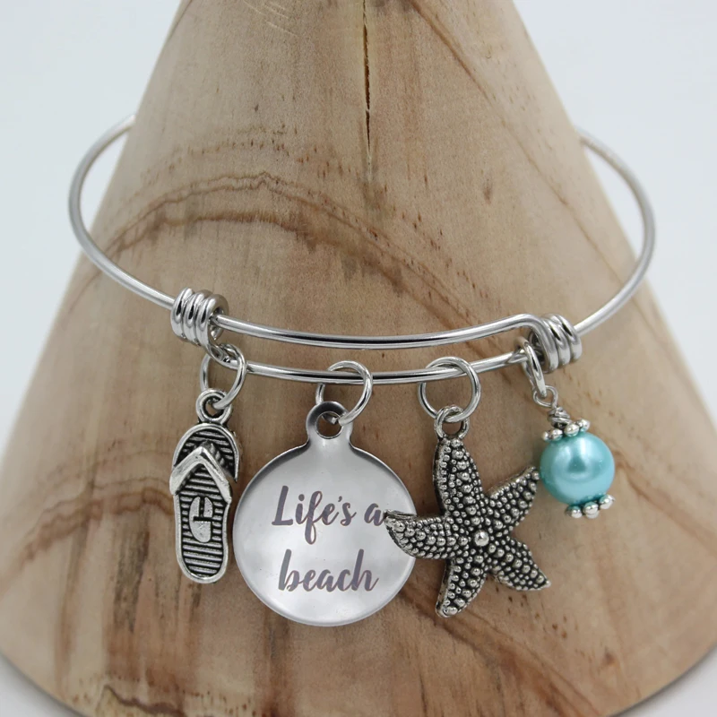 

Stainless Steel Engraved Life's a beach Charms Alloy Flip Flop Starfish Bracelets&Bangles For Women Gifts