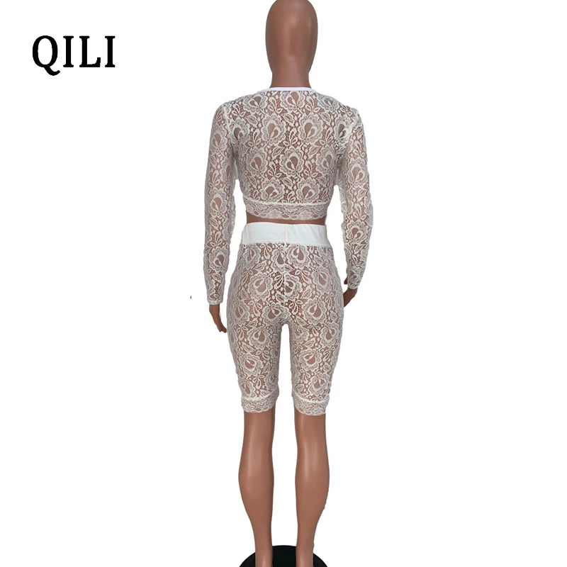 

QILI Sexy See Through Lace Jumpsuit Rompers Women Long Sleeve 2 Piece Rompers Playsuits Nightclub Wear Top+Pants White Black