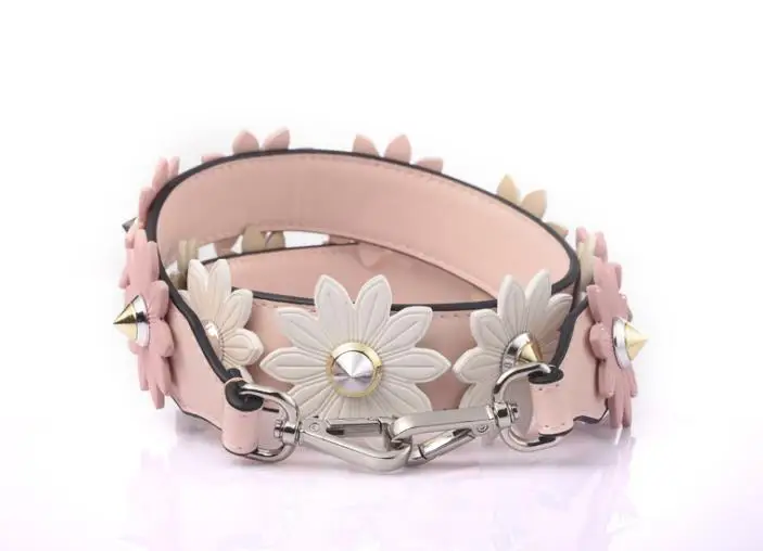 Новая мода полный кожаный трехмерный цветок плечевой ремень заклепки широкий плечевой ремень Женская сумка кожаные аксессуары - Цвет: pink and silver