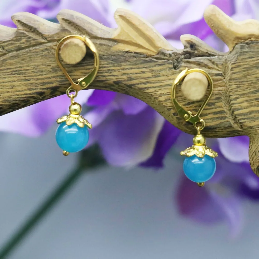 Женские классические серьги-капельки из амазонита и халцедона 8 мм | Украшения