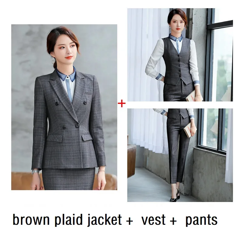 brown pants set Женские костюмы, тонкий пиджак в клетку с длинным рукавом и брюки, 2 предмета в комплекте, OL, официальные женские брюки, костюмы для женщин, костюмы 866 - Цвет: brown pants set