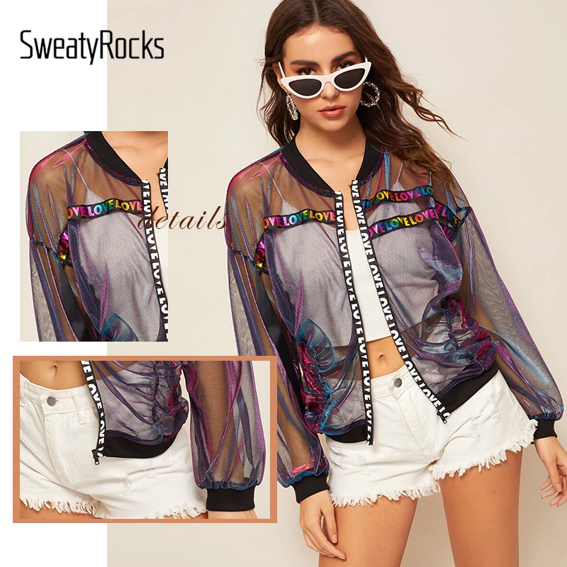 SweatyRocks куртка с буквенным принтом и металлической сеткой, уличная одежда, женские куртки-бомберы, весна, повседневная одежда для активного отдыха, пальто и топы