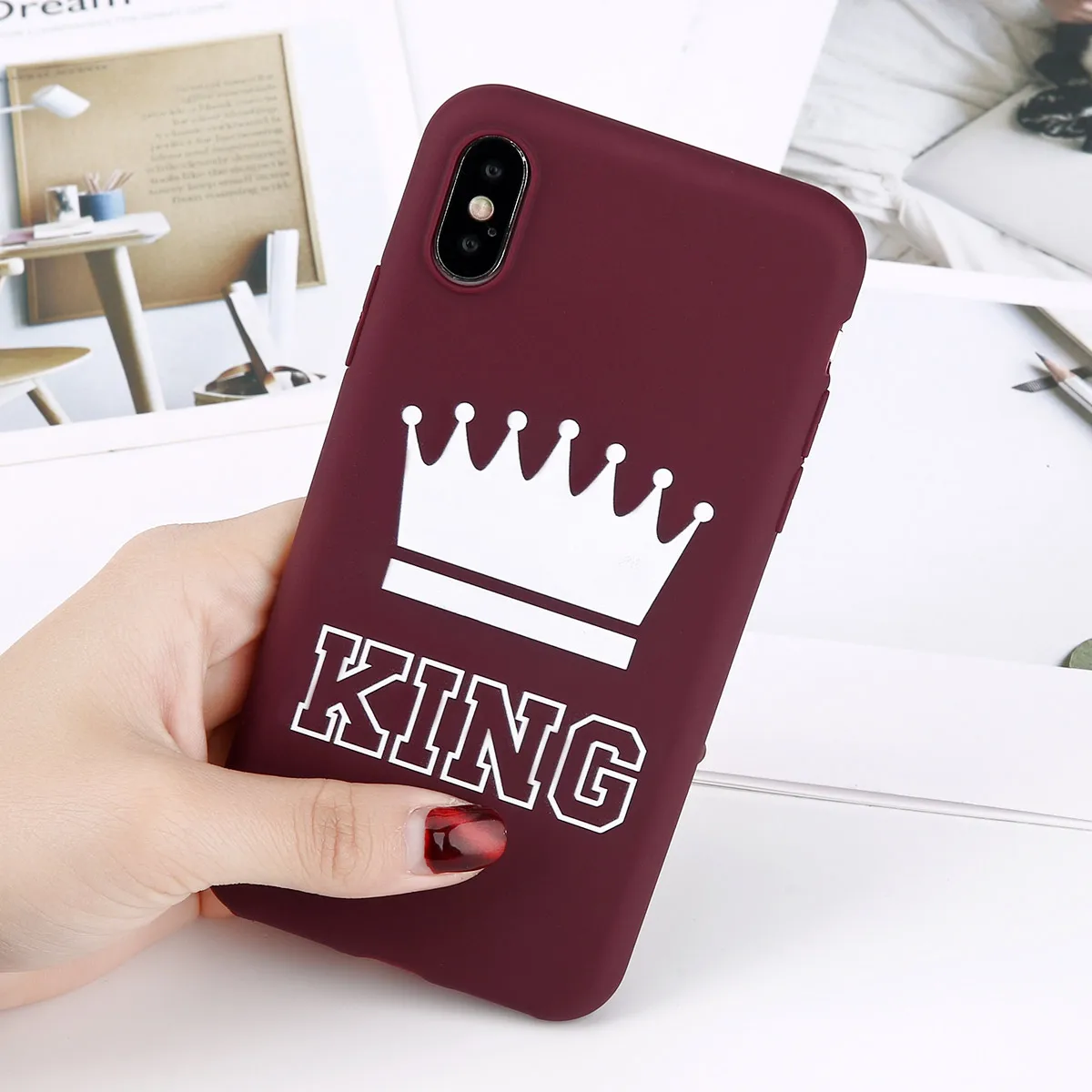Wine Red King Матовый чехол для телефона с короной для iPhone 11 Pro Max XS Max X XR King queen чехол s 7 6 6s 8 Plus сплошной карамельный цвет Мягкий ТПУ полный Чехол - Цвет: Wine Red King