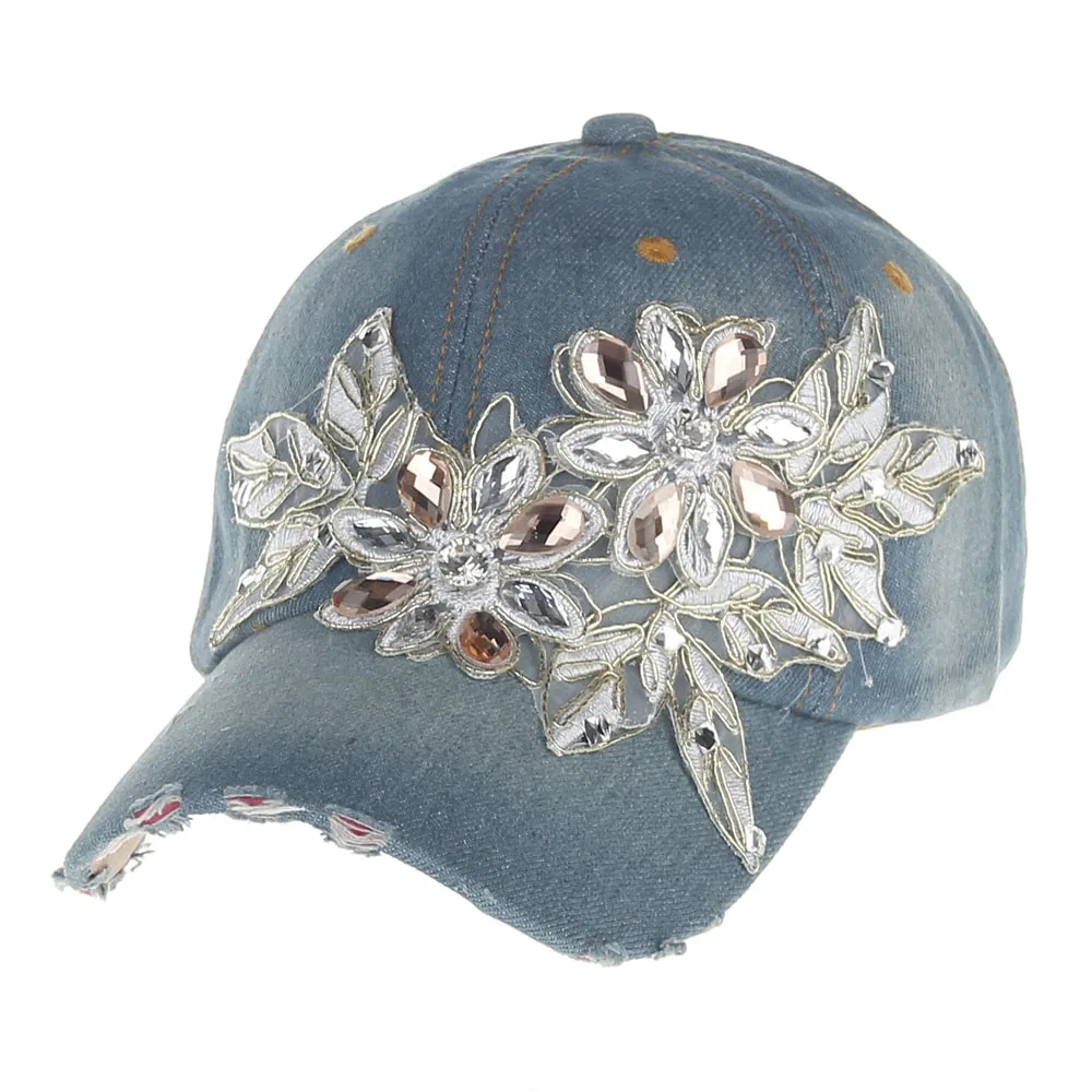 Новая мода регулируемая бейсболка женские бриллиантовые Стразы с цветами Летний