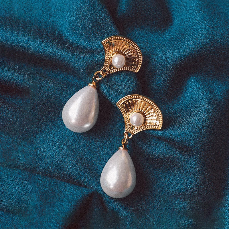 SRCOI Gold Alloy Fan Water Drop Faux Pearl Earrings Dangle Korean Elegant Long Women Girls Party Wedding Bride | Украшения и