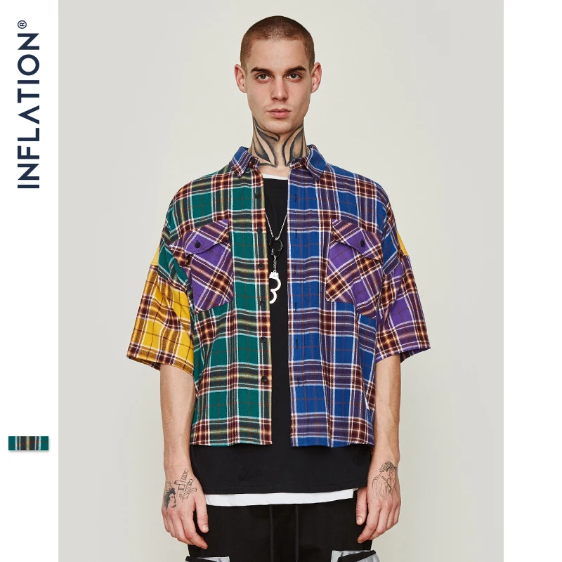 Рубашка INFLATION в стиле хип хоп Харадзюку японская клетчатая рубашка с коротким