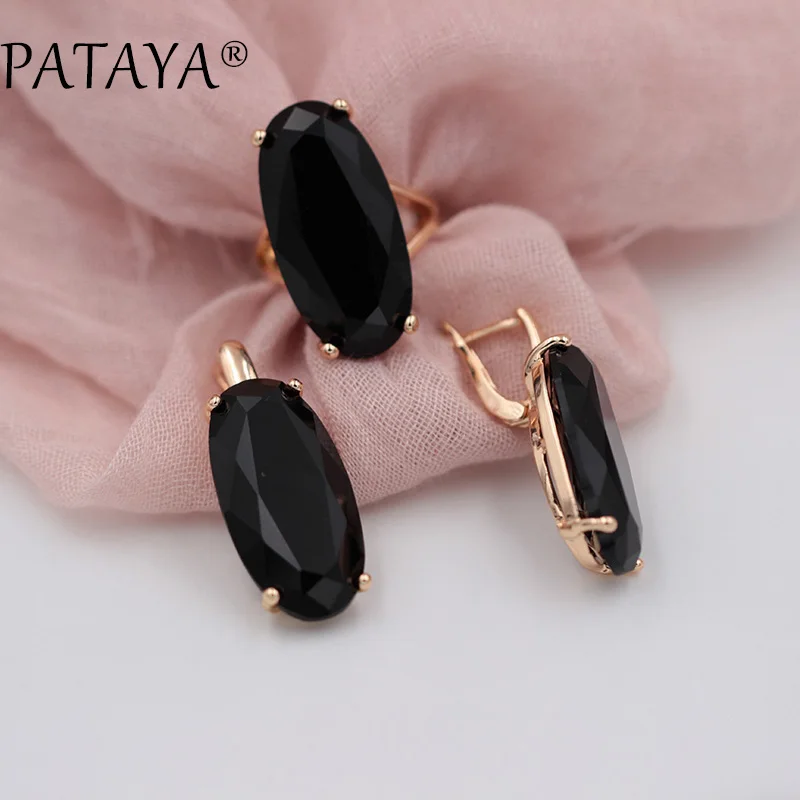 black PATAYA, новинка 585, розовое золото, ювелирные наборы, Овальный искусственный кубический циркон, большие серьги висюльки, кольца, наборы для женщин, винтажный ювелирный набор - Окраска металла: black
