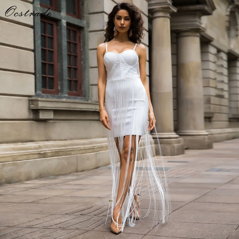 Женское вечернее платье с бахромой Ocstrade белое Элегантное Длинное Бандажное