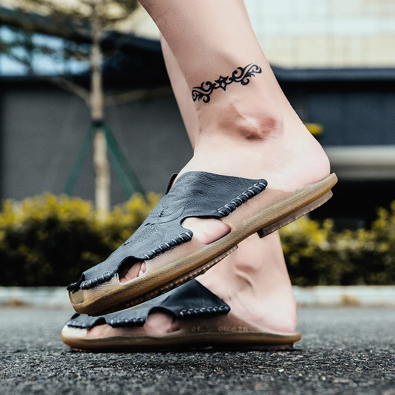 Мужские воздухопроницаемые Шлепанцы из воловьей кожи пляжные сандалии на