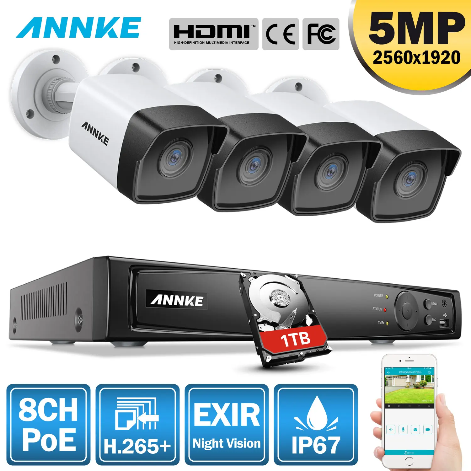 ANNKE 5MP H.265+ Супер HD PoE сетевая видео система безопасности 4 шт. водонепроницаемые уличные ip-камеры с питанием по PoE Plug& Play PoE камера комплект