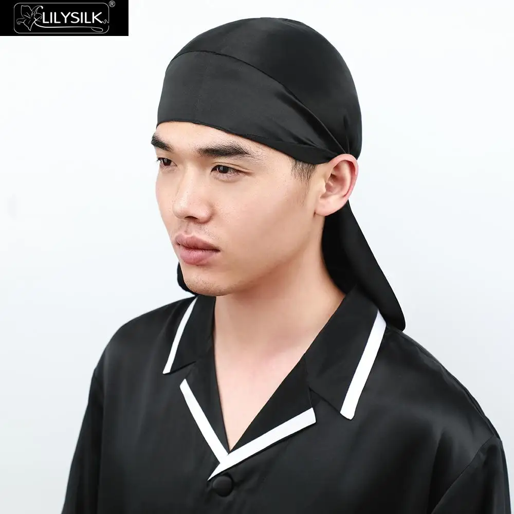 LilySilk Durag Бандана для мужчин 100 шелк черный экстра длинный хвост широкие | Отзывы и видеообзор -32922623216