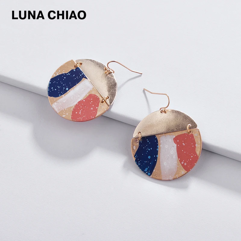 LUNA CHIAO, модные ювелирные аксессуары, потертые золотые Разноцветные серьги с рисунком художника, круглые металлические Висячие серьги для девочек