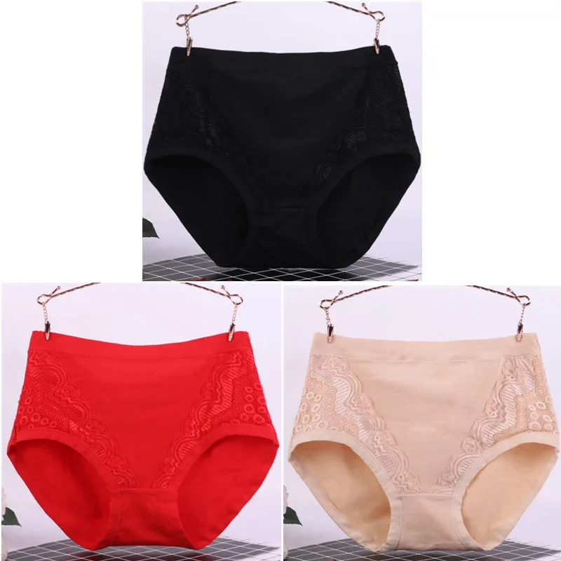 black red skin 3 шт./лот, XL-6XL, большие размеры, высокая талия, женские трусики, одноцветные хлопковые трусы, нижнее белье, женские сексуальные кружевные бесшовные трусы 6634 - Цвет: black red skin