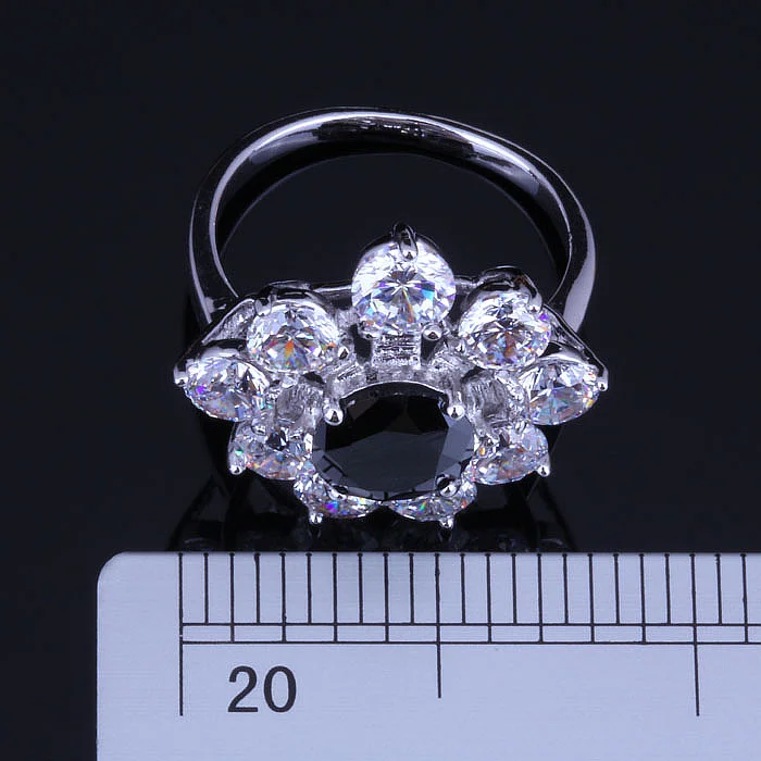 Любовный монолог в форме цветка Имитация черного оникса и белого CZ серебряного